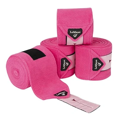 Image of LeMieux Classic Polo Full Exercise Bandages in Watermelon with Zipped Case Soft Fleece Protection Wraps 3.8 m Long Pack of 4