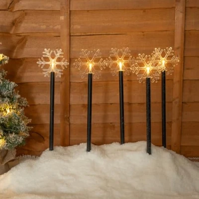 Image of MiniSun Set of 5 Battery Operated Snowflake Outdoor Spike Lights Warm White Christmas Festive Xmas Decoration Garden Path Lighting Stake Light IP44