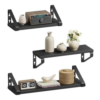 Image of VASAGLE Wall Shelves, Floating Shelves Mounted, Set of 3, 2 Mounting Ways, for Wall, Living Room, Bathroom, Kitchen, Ink Black and Matte LWS033B10