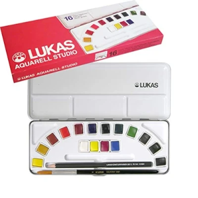Image of LUKAS Studio Aquarell Set, 16 x Half Pans in Assorted Colours, Ideal for Entry Level Professional &amp; Student Watercolour Artists
