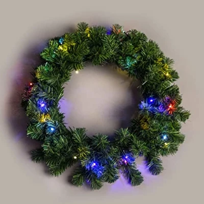 Image of 55cm Pre Lit Green Christmas Wreath Alaskan Pine for Fireplaces Home Wall Door Stair Artificial Xmas Tree Garden Yard Decorations with 30 Multicolour LEDs
