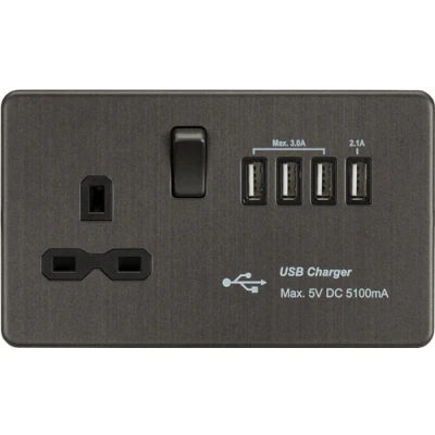 Image of KnightsBridge Screwless 13A switched socket with Quad USB charger (5.1A) Smoked Bronze