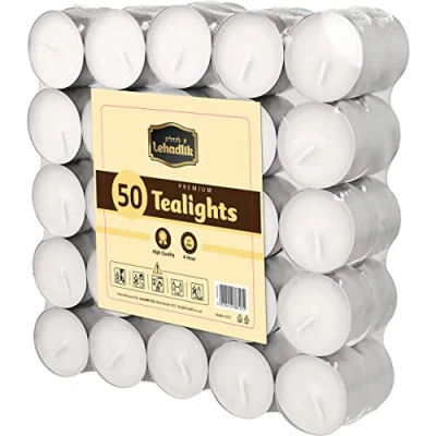 Image of 50 Smokeless Unscented White Tealight Tea Light Paraffin Wax Candles 4 Hours Burn Time (1 Pack of 50)