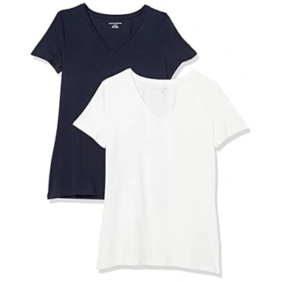 Image of Amazon Essentials Women&#039;s Classic Fit Short Sleeve V Neck T Shirt, Pack of 2, Navy/White, XS