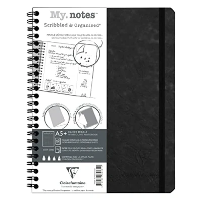 Image of Clairefontaine 782331C Collection Age Bag A Black My.Notes Tear Off Margin Spiral Notebook A5+ 16x21 cm 120 DOT Pages 90 g White Paper Leather Grain Glossy Card Cover