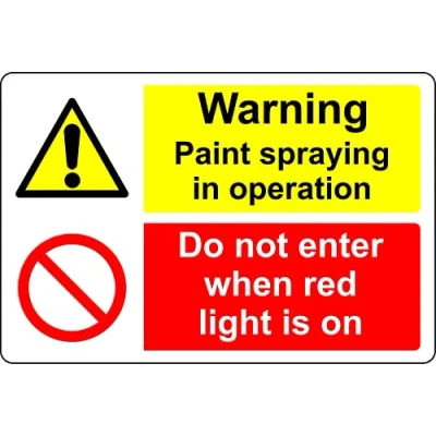 Image of Warning paint spraying in operation do not enter when red light is on Safety sign 1mm Plastic (300mm x 200mm)