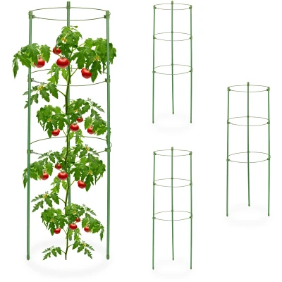 Image of Relaxdays Climbing Aid Set of 4, Metal &amp; Plastic, 60 cm, 3 Adjustable Rings, Trellis Frame Vines Garden Plants, Green, 80% Iron 10%