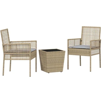 Image of vidaXL 3 Piece Garden Bistro Set with Cushions Beige Poly Rattan