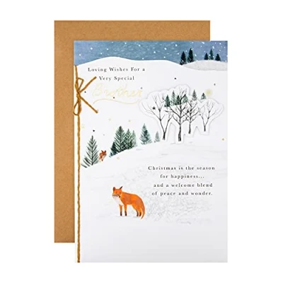 Image of Hallmark Christmas Card, Brother Foxes &amp; Woodland Design, With Gold Foil Details, Blue