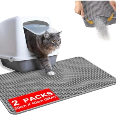 Image of 2PCS Cat Litter Mat, 30 x 40 cm Double Layer Honeycomb Design Trapping Nonslip Waterproof Urine Proof EVA Material Easy Clean, Box Mat Scatter Control Grey