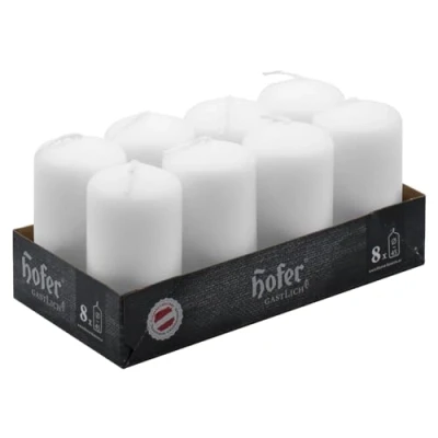 Image of Hofer Small Pillar Candles Set of 8 Unscented White in Bulk 4,5 x 9 cm 15 Hours Long Burning Decorative Dripless Wax Smokeless Wick RAL Quality Made Austria