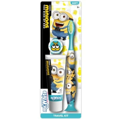 Image of Despicable Me Minions Kids Toothbrush Travel Set Contains Strawberry Flavour Toothpaste and with Protection Cap, Suction Cup, Comfortable Handle Soft Bristles for Children 3+