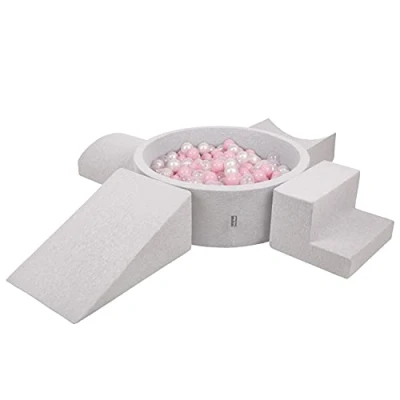 Image of KiddyMoon Foam Playground For Kids With Round Ballpit (300 Balls ∅ 7Cm/2.75In) Soft Obstacles Course And Ball Pool, Made In The EU, Lightgrey:Powderpink/Pearl/Transparent