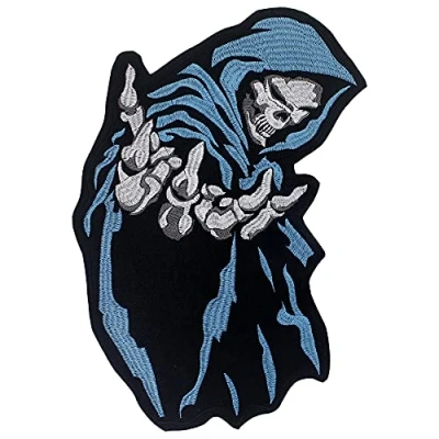 Image of Full Back Size Motorcycle Biker Large Applique Badges for Hoodie Jacket Reaper Blue Skull Embroidered Patches