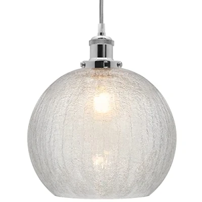 Image of Crackle Glass Pendant Light Round Globe Shade Chrome Ceiling Lamp Holder H3043