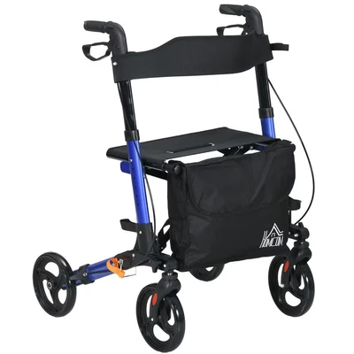 Image of HOMCOM 4 Wheel Rollator with Seat and Back, Folding Mobility Walker Carry Bag, Adjustable Height, Dual Brakes, Cane Holder, Lightweight Aluminium Walking Frame for Seniors Disabled, Blue