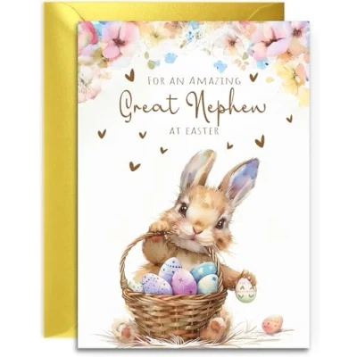 Image of Great Nephew Easter Card Bunny with Eggs Design A5 Size Gold Envelope