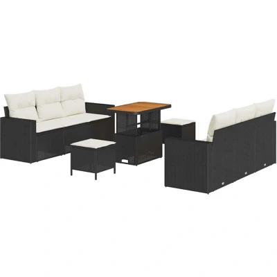 Image of vidaXL 9 Piece Garden Sofa Set with Cushions Black Poly Rattan Acacia