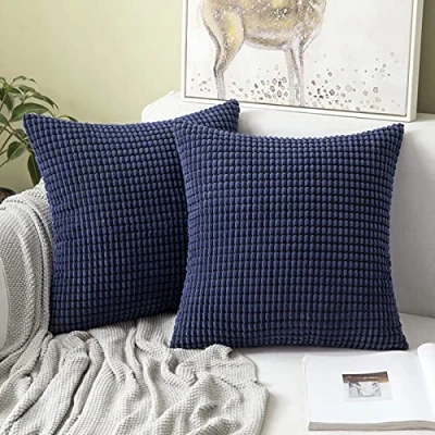 Image of MIULEE Set of 2 Decorative Corduroy Cushion Covers 16x16 Inches, 40cm x Striped Solid Square Throw Pillow Cases for Sofa Couch Home Bedroom Navy