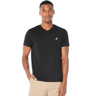 Image of Nautica Men&#039;s Short Sleeve Solid Slim Fit V Neck T Shirt, True Black, Large