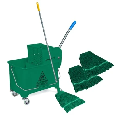 Image of Curvaso 20L Kentucky Floor Cleaning Mop Bucket Set, Handle Holder, 2 Mopping Heads Wringer System with Wheels For Home Commercial School Restaurant Office Pub Green