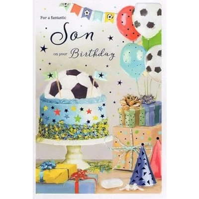 Image of ICG Fantastic Son Birthday Card Football Cake and Balloons Embossed with Foil Details