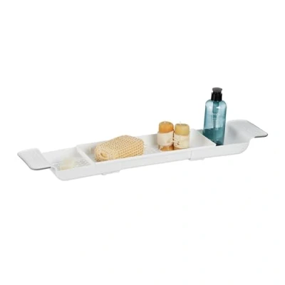 Image of Relaxdays Bath Shelf, Extendable 55.5 78 cm, Plastic, Water Drainage Holes, Non Slip Support, Bathtub Tray, White, 6 x 17.5 cm