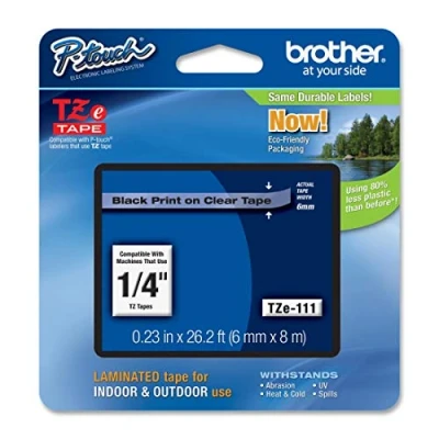 Image of Brother TZe 111 Labelling Tape Cassette, Black on Clear, 6mm (W) x 8M (L), Laminated, Genuine Supplies
