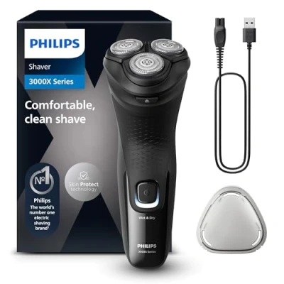 Image of Philips Electric Shaver Series 3000X Wet &amp; Dry for Men in Deep Black, with SkinProtect Technology, Pop up Beard Trimmer, Ergonomic Men&#039;s (Model X3001/00)