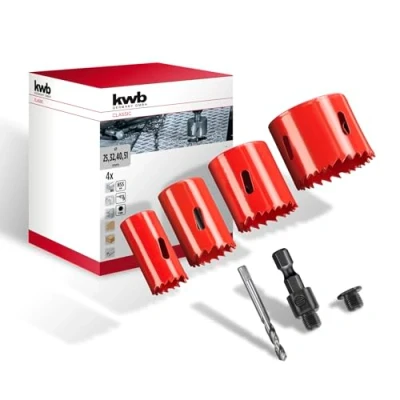 Image of kwb 5 piece HSS bi metal hole saw set Ø 25, 32, 40 and 51 mm with progressive vario toothing, high precision, 1/4&quot; hexagonal shank, 38 depth of cut centre bit