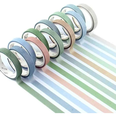 Image of YUBX Skinny Washi Tape Set of 12 Rolls Adhesive Decorative Glitter 8 mm Wide (Green Small)