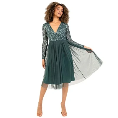 Image of Maya Deluxe Women&#039;s Ladies Wedding Guest Midi Dress Long Sleeve Plunging Neckline V Neck Sequin Embellished Graduation Bridesmaid, Emerald Green, 12