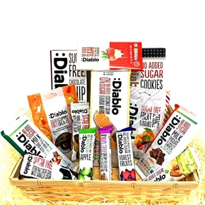 Image of 1n Diabetic SugarFree Gift Set Hamper Box Basket Sweets Gummy Cookies Bar Bars Present Snack Sweet Suitable for All Occasions Fathers Mothers Day Birthday Christmas