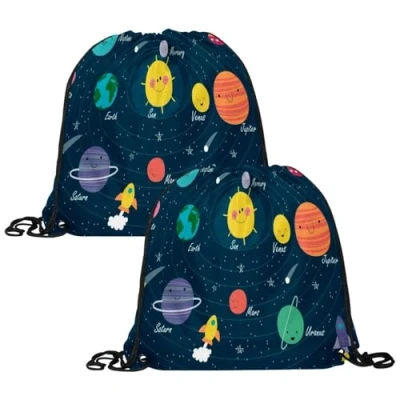 Image of VAPOKF 2PCS Drawstring Bags, PE Gym Bag, Personalised String Swim Trainer Bag for School Sports Travel, Solar System Circle