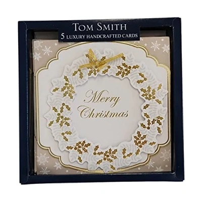 Image of Tom Smith Handcrafted Boxed Christmas Cards Festive Wreath Pack of 5, XAHTC1301