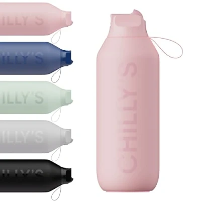 Image of Chilly&#039;s Series 2 Flip Water Bottle with Sports Lid, Telescopic Straw and Nylon Carry Loop Easy Cleaning Brush Included 1000ml Blush Pink