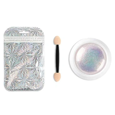 Image of Yicare 2pcs Mermaid Chrome Nail Powder Unicorn Iridescent Pearl with Neon Rainbow Effect Multi Color Changing Opal Aurora Pigment Dust