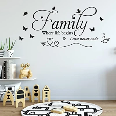 Image of Cuayaes Family Where Life Begins and Love Never Ends Sayings Wall Stickers Letter Quote Removable Vinyl Decal Art Mural Decor for Living Room Bedroom Kitchen