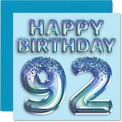 Image of 92nd Birthday Card for Men Blue Glitter Party Balloon Happy Cards 92 Year Old Man Great Grandpa Grandad Dad Gran, 145mm x Ninety Two Second Bday Greeting Gift