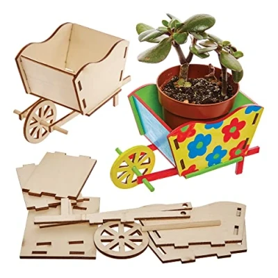 Image of Baker Ross FX584 Wheelbarrow Wooden Flowerpot Kits Pack of 3, Paint Your Own Plant Pot