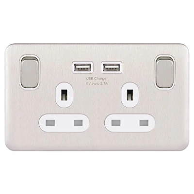 Image of Schneider Electric Lisse Screwless Deco Switched Double Power Socket, Single Pole with USB Charging Ports, 13A, GGBL30202USBAWSSS, Stainless Steel White Insert