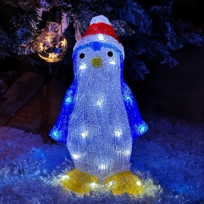 Image of 30cm Light Up LED Standing Acrylic Christmas Penguin Decoration With Santas Hat Indoor Outdoor