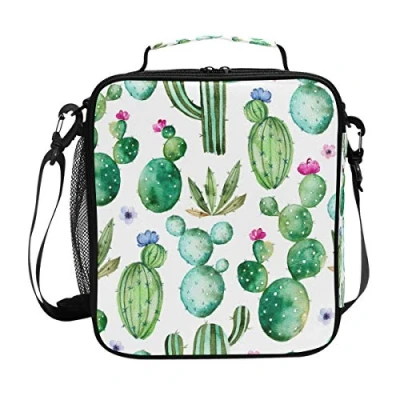 Image of Girls Cactus Lunch Bags Green Succulents Plants Floral Flower Large Insulated Box Tote Bag Cold Thermal Freezable Shoulder Strap for Kids Teen Women School Work