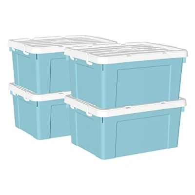 Image of Cetomo 45L*4 Storage Boxes, Carry Plastic Box with Lids, Organizing Container Handle and Secure Latching Buckles, Stackable, Nestable, Tote Bin for Home Office Clothes, 45L 4Pack, Blue