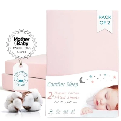 Image of Pink Cot Sheets 140 x 70 Fitted Organic Cotton Bed 2 Pack Soft Breathable Bedding for Baby
