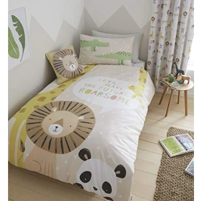 Image of Catherine Lansfield Roarsome Animals Reversible Single Duvet Cover Set with Pillowcase Natural