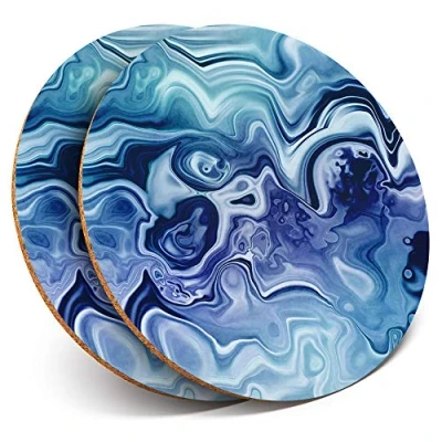 Image of 2 x Round Coasters Blue Ocean Ink Art Marble Effect Cork Backed Home Kitchen Accessory Tea Coffee Mug Mat #21515