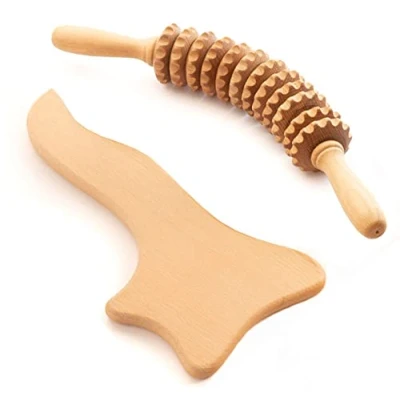 Image of tuuli Anti Cellulite Massage Set Roller with Handle Gua Sha Maderotherapy Wooden