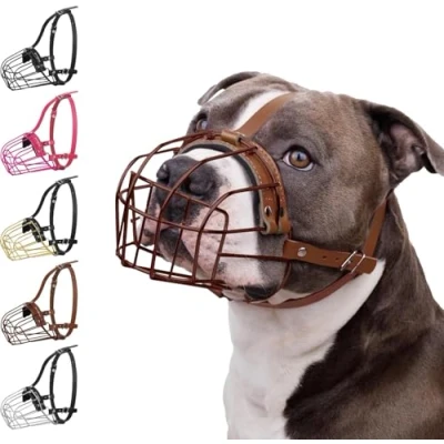 Image of BRONZEDOG Pitbull Dog Muzzle Metal Mask Amstaff Wire Basket Pit Bull Adjustable Leather Straps for Large Dogs (Brown)