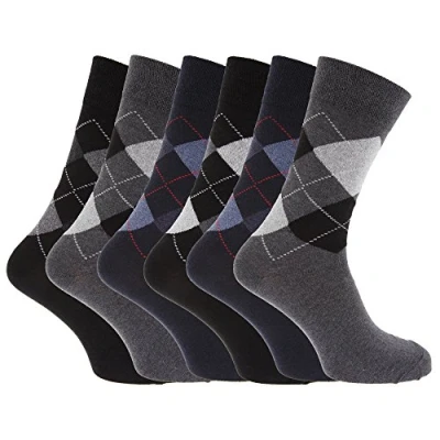 Image of Mens Pattern Cotton Blend Argyle Socks (Pack Of 6) (UK Shoe 6 11, EUR 39 45) (Black/Grey/Navy)